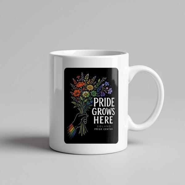 Pride Grows Here on a white 11 oz mug